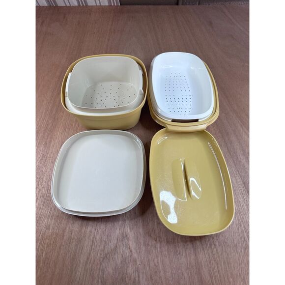 Tupperware Microwave Steamer Lot of 2 Yellow White Colander Insert Sets Vintage - Picture 2 of 4